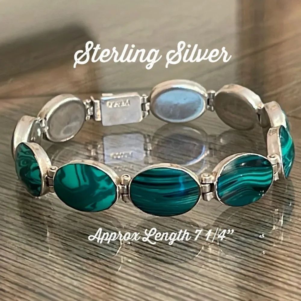 Vintage Mexico Sterling Oval Link Malachite Bracelet 7 1/4”